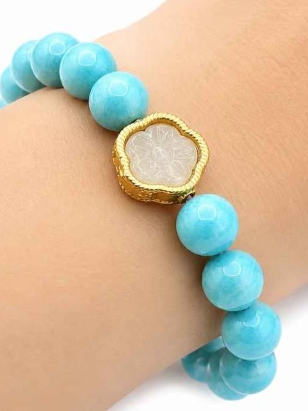 Natural Amazonite 8mm Round Bead Cherry Blossom Charm Bracelet